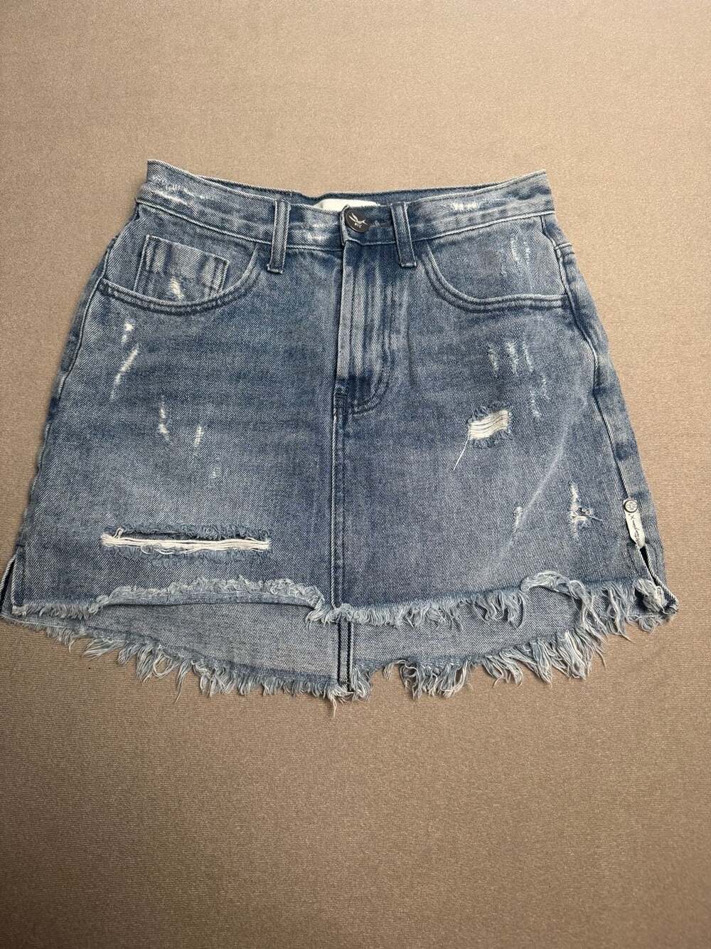 One Teaspoon Distressed Denim Mini Skirt with Raw Frayed Hem